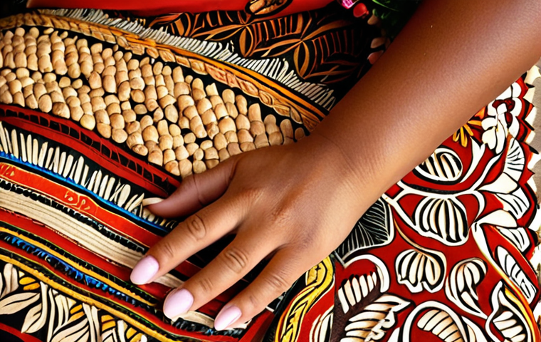 A breathtaking close-up of a Tongan bride, regally adorned in immense lengths of intricately patterned `tapa` (mulberry bark cloth). Her attire is complemented by finely woven `falehina` mats and vibrant, fragrant exotic flowers like frangipani and hibiscus. The setting is bright, capturing the rich texture of the tapa and the delicate beauty of the floral adornments, emphasizing a deep connection to ancestry and cultural heritage.