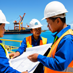 A diverse team of professional Tongan and Japanese engineers and construction workers, fully clothed in appropriate, modest work attire including safety vests and hard hats, collaborating on a modern port infrastructure project in Nuku'alofa, Tonga. They are reviewing blueprints and discussing plans on a sunny day. The background features new port facilities, modern shipping vessels, and the clear blue Pacific Ocean, conveying a sense of successful collaboration and progress. Perfect anatomy, correct proportions, natural pose, well-formed hands, proper finger count, natural body proportions, professional photography, high quality, safe for work, appropriate content, fully clothed, family-friendly.