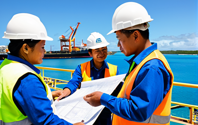 A diverse team of professional Tongan and Japanese engineers and construction workers, fully clothed in appropriate, modest work attire including safety vests and hard hats, collaborating on a modern port infrastructure project in Nuku'alofa, Tonga. They are reviewing blueprints and discussing plans on a sunny day. The background features new port facilities, modern shipping vessels, and the clear blue Pacific Ocean, conveying a sense of successful collaboration and progress. Perfect anatomy, correct proportions, natural pose, well-formed hands, proper finger count, natural body proportions, professional photography, high quality, safe for work, appropriate content, fully clothed, family-friendly.