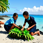 A group of diverse Tongan primary school students, boys and girls, engaged in a hands-on outdoor science lesson focused on environmental resilience. They are actively collaborating, designing a small-scale model of a natural coastal barrier using local materials like leaves and small rocks, under the guidance of a teacher. They are fully clothed in modest, traditional Tongan school uniforms, including lava-lavas for boys and skirts for girls. The setting is a vibrant, sun-drenched coastal area in Tonga, with lush green foliage and the clear turquoise Pacific Ocean visible in the background. The scene emphasizes environmental awareness, community spirit, and practical learning. Professional photography, natural light, high detail, perfect anatomy, correct proportions, natural pose, well-formed hands, proper finger count, natural body proportions, safe for work, appropriate content, fully clothed, professional, modest, family-friendly.