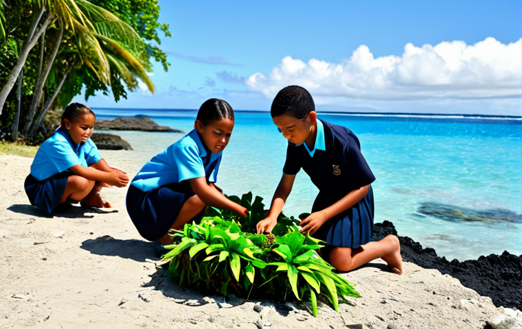 A group of diverse Tongan primary school students, boys and girls, engaged in a hands-on outdoor science lesson focused on environmental resilience. They are actively collaborating, designing a small-scale model of a natural coastal barrier using local materials like leaves and small rocks, under the guidance of a teacher. They are fully clothed in modest, traditional Tongan school uniforms, including lava-lavas for boys and skirts for girls. The setting is a vibrant, sun-drenched coastal area in Tonga, with lush green foliage and the clear turquoise Pacific Ocean visible in the background. The scene emphasizes environmental awareness, community spirit, and practical learning. Professional photography, natural light, high detail, perfect anatomy, correct proportions, natural pose, well-formed hands, proper finger count, natural body proportions, safe for work, appropriate content, fully clothed, professional, modest, family-friendly.