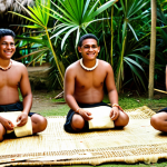 A diverse young adult, fully clothed in modest, professional dress, respectfully participating in a traditional Tongan Kava ceremony. They are seated on a woven mat inside an open-air community gathering space, surrounded by smiling locals also in appropriate, modest attire. The atmosphere is warm, serene, and culturally authentic, illuminated by soft, natural light. professional photography, high resolution, perfect anatomy, correct proportions, natural pose, well-formed hands, proper finger count, natural body proportions, safe for work, appropriate content, family-friendly, fully clothed.