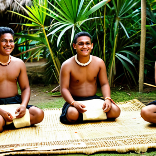Home 9 A diverse young adult, fully clothed in modest, professional dress, respectfully participating in a traditional Tongan Kava ceremony. They are seated on a woven mat inside an open-air community gathering space, surrounded by smiling locals also in appropriate, modest attire. The atmosphere is warm, serene, and culturally authentic, illuminated by soft, natural light. professional photography, high resolution, perfect anatomy, correct proportions, natural pose, well-formed hands, proper finger count, natural body proportions, safe for work, appropriate content, family-friendly, fully clothed.