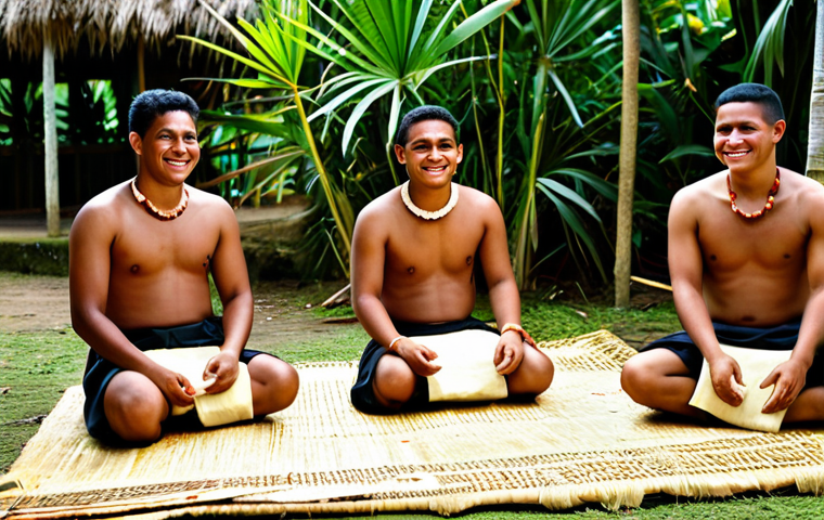 A diverse young adult, fully clothed in modest, professional dress, respectfully participating in a traditional Tongan Kava ceremony. They are seated on a woven mat inside an open-air community gathering space, surrounded by smiling locals also in appropriate, modest attire. The atmosphere is warm, serene, and culturally authentic, illuminated by soft, natural light. professional photography, high resolution, perfect anatomy, correct proportions, natural pose, well-formed hands, proper finger count, natural body proportions, safe for work, appropriate content, family-friendly, fully clothed.