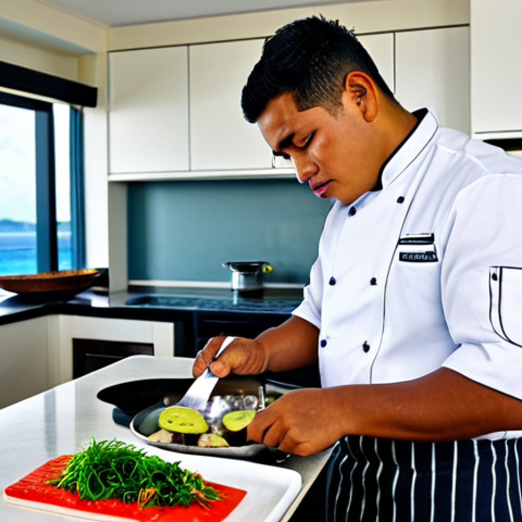 Modern Tongan Chef**

"A young, professional Tongan chef in a clean, modern kitchen, fully clothed in appropriate chef's attire, preparing a dish with taro and fresh fish. The kitchen has stainless steel appliances and a view of the ocean in the background. Perfect anatomy, correct proportions, well-formed hands. Safe for work, appropriate content, family-friendly, professional photography, high quality."

**