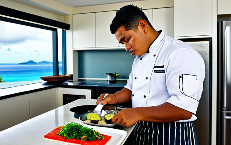 Modern Tongan Chef**

"A young, professional Tongan chef in a clean, modern kitchen, fully clothed in appropriate chef's attire, preparing a dish with taro and fresh fish. The kitchen has stainless steel appliances and a view of the ocean in the background. Perfect anatomy, correct proportions, well-formed hands. Safe for work, appropriate content, family-friendly, professional photography, high quality."

**