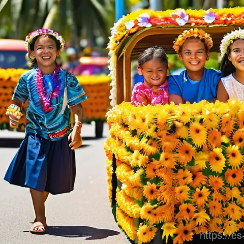 통가 헬라우 페스티벌 - **Prompt:** A vibrant and joyful scene from the Heilala Float Parade in Nuku'alofa, Tonga. Colorful,...
