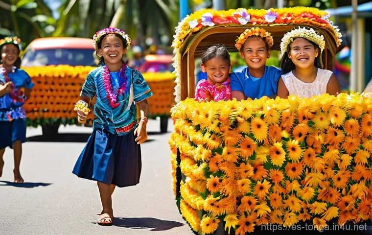 통가 헬라우 페스티벌 - **Prompt:** A vibrant and joyful scene from the Heilala Float Parade in Nuku'alofa, Tonga. Colorful,...