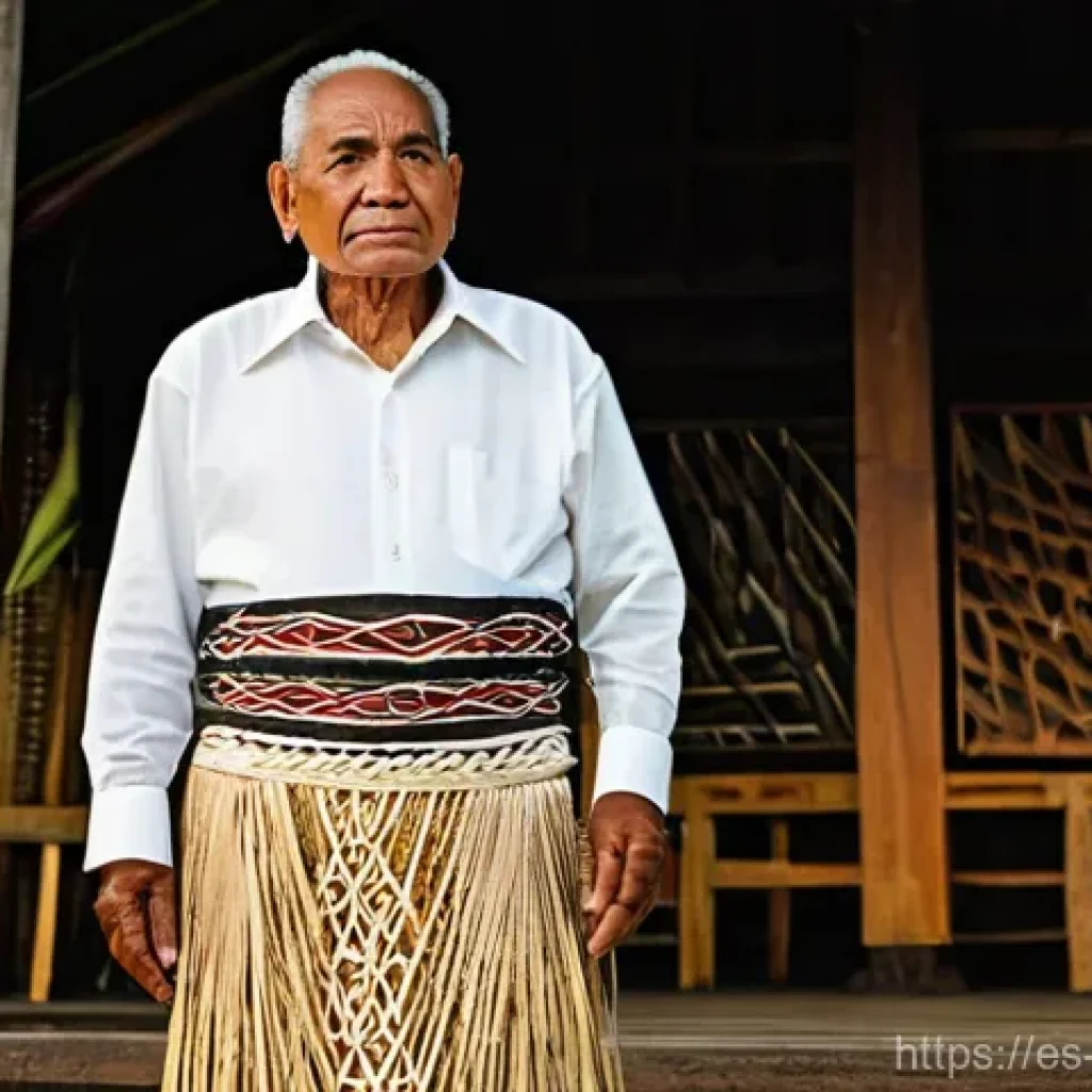 통가 전통 의상 타오발라 - **Prompt:** A dignified elderly Tongan man stands formally at a traditional ceremony. He is wearing ...