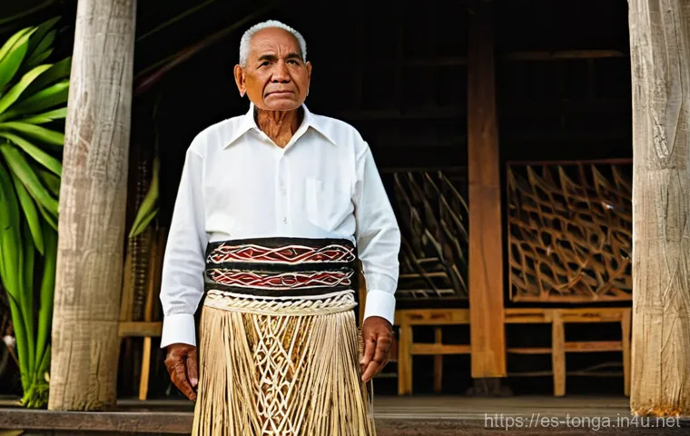 통가 전통 의상 타오발라 - **Prompt:** A dignified elderly Tongan man stands formally at a traditional ceremony. He is wearing ...