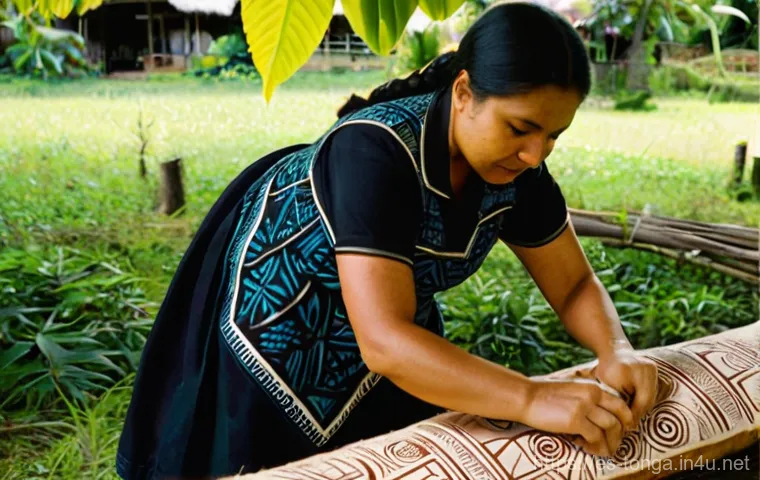 통가의 민속 예술과 공연 문화 - **Prompt:** A group of Tongan women, aged 30s to 70s, collaboratively creating "Ngatu" (tapa cloth) ...