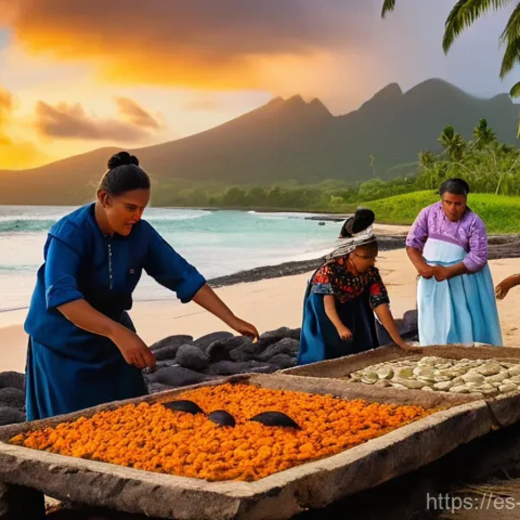 통가 해변 여행지 - **Prompt:** A vibrant and warm scene capturing a traditional Tongan 'umu' feast preparation. In the ...