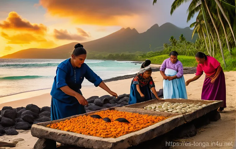 통가 해변 여행지 - **Prompt:** A vibrant and warm scene capturing a traditional Tongan 'umu' feast preparation. In the ...