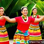 통가와 하와이 문화적 연결점 - A vibrant traditional Polynesian dance scene set outdoors during a sunset festival, featuring a grou...