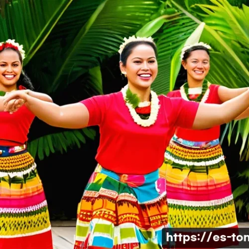통가와 하와이 문화적 연결점 - A vibrant traditional Polynesian dance scene set outdoors during a sunset festival, featuring a grou...
