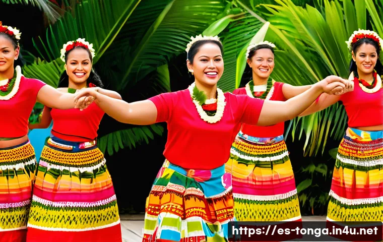 통가와 하와이 문화적 연결점 - A vibrant traditional Polynesian dance scene set outdoors during a sunset festival, featuring a grou...