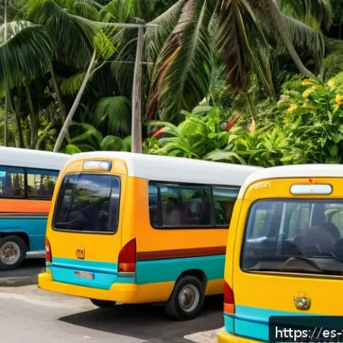 통가 대중교통 이용법 - A lively street scene in Tonga showing colorful minibuses parked near informal stops in a small vill...