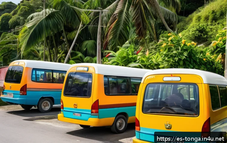통가 대중교통 이용법 - A lively street scene in Tonga showing colorful minibuses parked near informal stops in a small vill...
