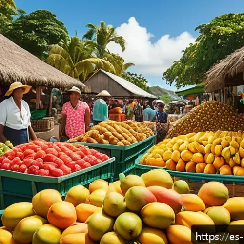 통가에서 맛볼 수 있는 열대 과일 - A vibrant local market scene in Tonga during daytime, bursting with colorful tropical fruits display...