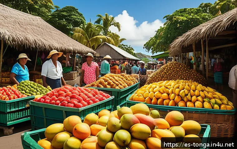 통가에서 맛볼 수 있는 열대 과일 - A vibrant local market scene in Tonga during daytime, bursting with colorful tropical fruits display...