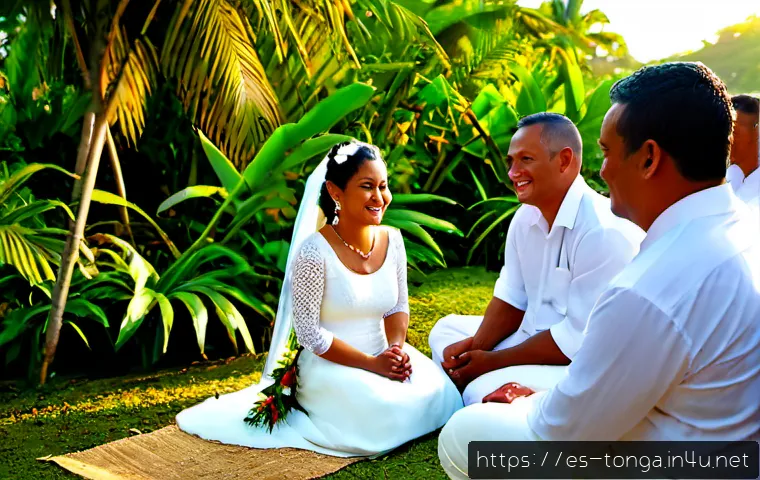 통가 결혼 문화 및 전통 - Photorealistic Tongan wedding ceremony in a lush tropical village, bride and groom wearing elegant t...