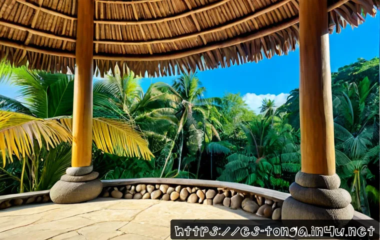 통가 전통 가옥 구조 - Photorealistic wide exterior view of a traditional Tongan fale house, oval raised stone foundation, ...